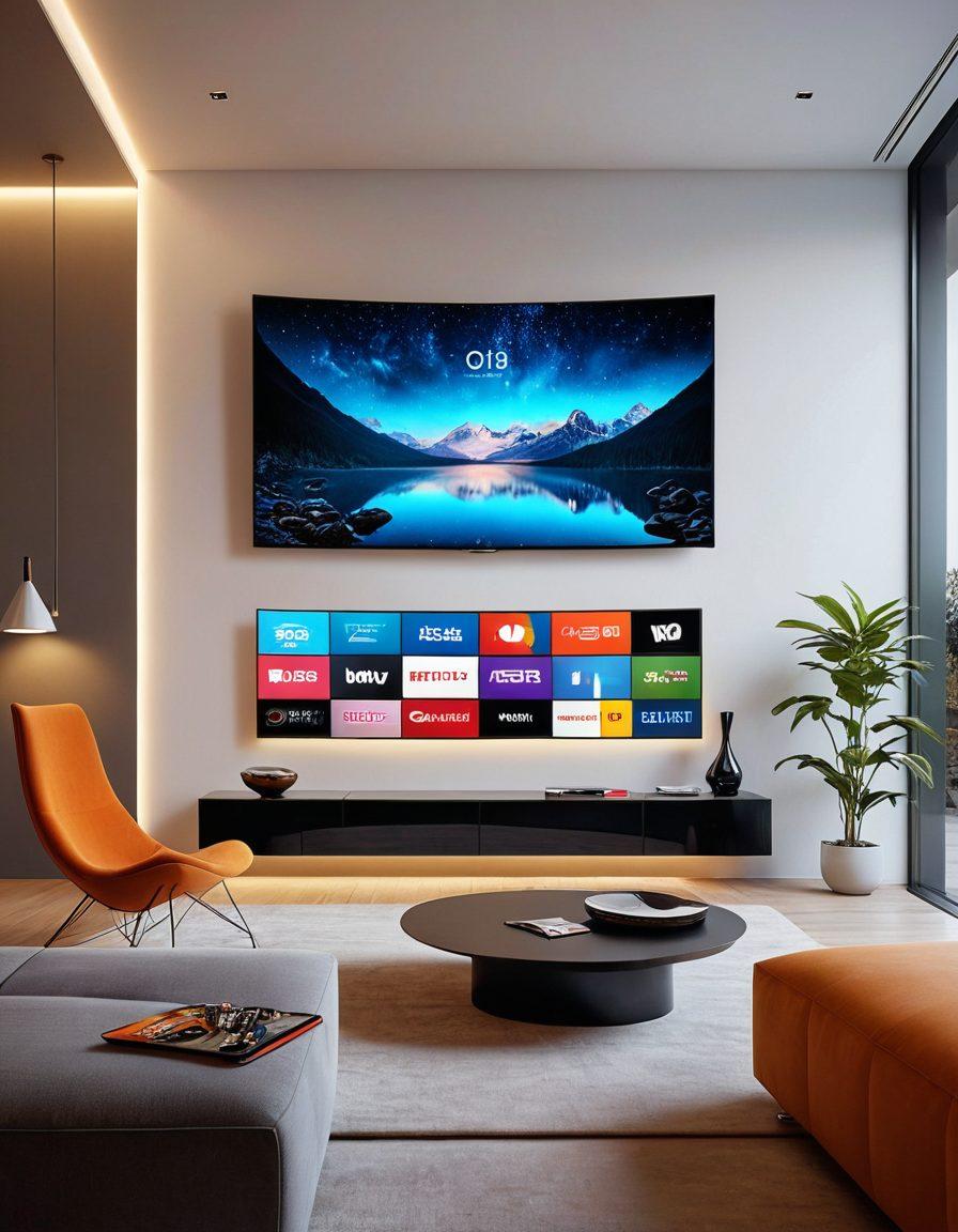 A futuristic, sleek living room with a large curved smart TV displaying a mix of live streaming and video on demand interfaces. The TV screen shows a vibrant collage of popular TV shows, sports events, and movies. In the background, a person using a modern remote control is comfortably seated on a contemporary couch. Soft ambient lighting enhances the high-tech atmosphere. super-realistic. vibrant colors. modern aesthetic.