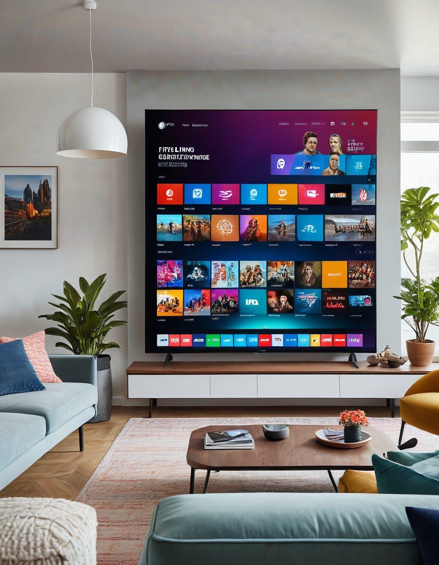 A futuristic living room with a sleek, large screen TV displaying a user-friendly interface showing various streaming services. Diverse people joyfully selecting and watching their favorite shows and movies with personalized suggestions on the screen. Streaming devices and exciting content thumbnails in vibrant colors. super-realistic. vibrant colors. modern aesthetic.