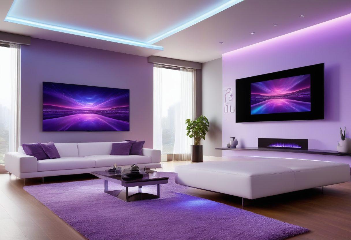 A futuristic living room with a sleek, ultra-thin smart TV displaying various streaming service logos, surrounded by floating holographic icons representing interactive features. The setting should feel immersive and cutting-edge, with a vibrant color scheme. super-realistic. vibrant colors. high-tech.